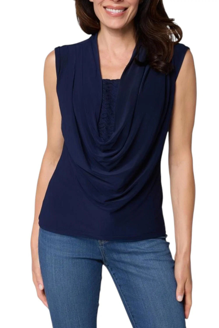 Nina Leonard Women's Drape Neck Sleeveless Knit Top Navy - Plus